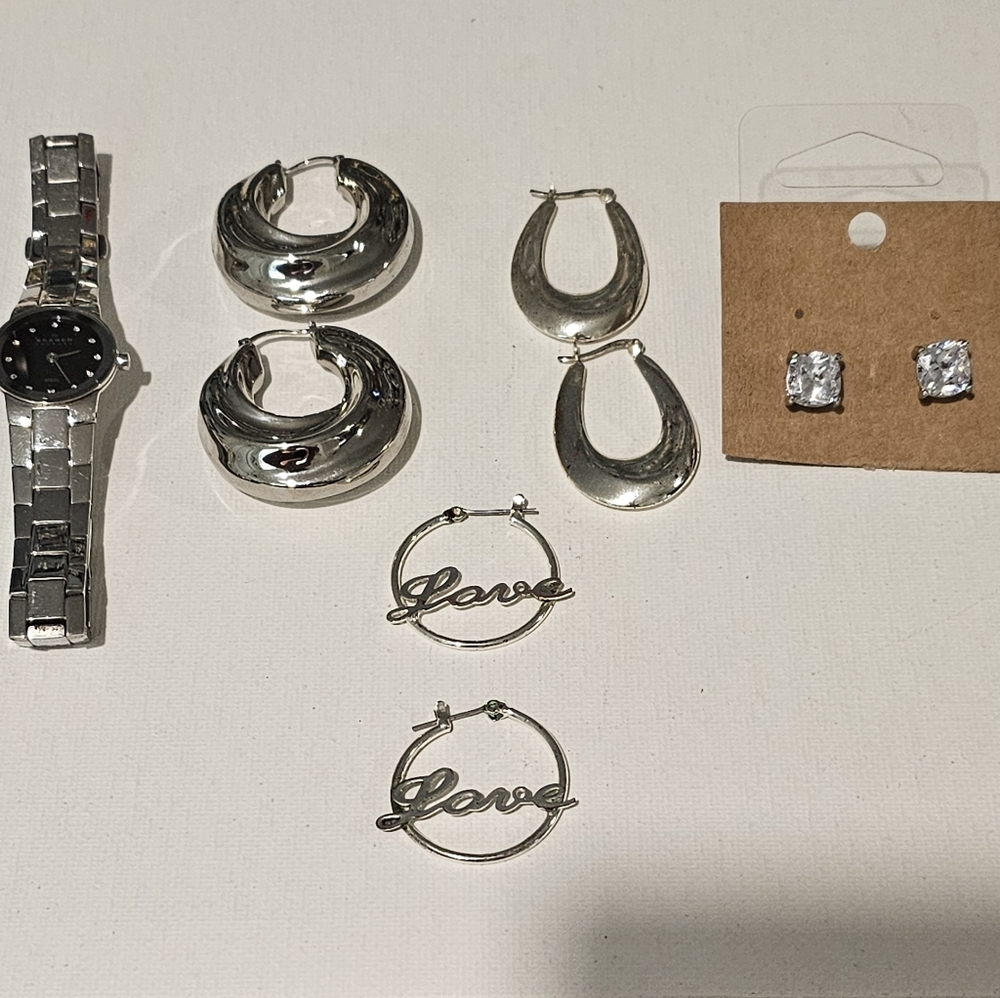 Lot Of 5 Silver Tone Hoop,  'Love' ScptHoops, Stud Rhinestones, Skagen Watch.